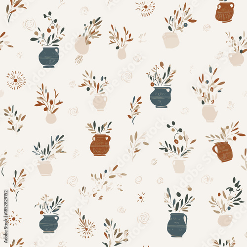 Antique Greek amphora with olive bouquet seamless pattern, elegant Mediterranean floral vector
