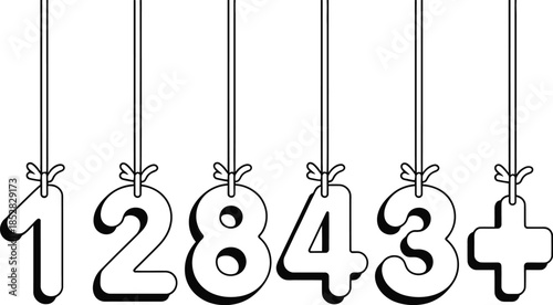 Hanging Numbers and Plus Sign Black and White Outline