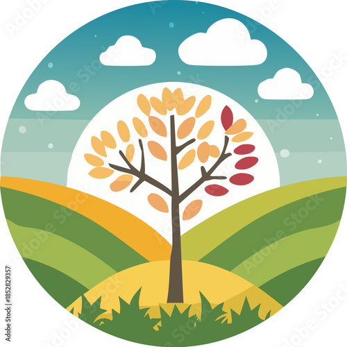Circular flat vector landscape emblem featuring a deciduous tree with changing foliage on green hills. Generative AI