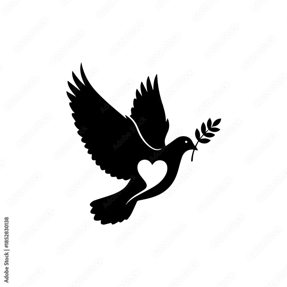 Obraz premium Flying dove with olive branch and heart isolated on transparent background