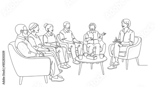 High-quality black continuous line art of group therapy session for seniors with therapist leading, mental health support, elderly care, rehabilitation, healthcare wellness illustration