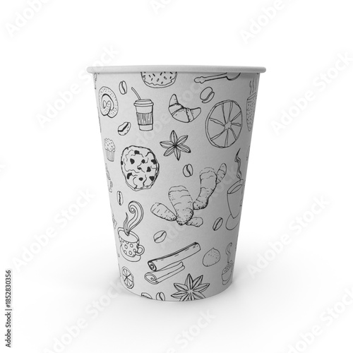 paper coffee cup 12oz with a hand-drawn illustration pattern.