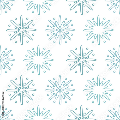 Seamless pattern with blue doodle snowflakes of various shapes with circles. Minimalistic winter design for wrapping paper, Christmas gifts, seasonal textile prints, or festive digital images.