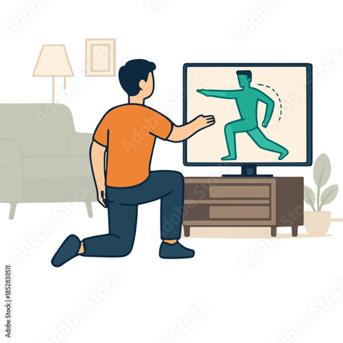 Icon Tele-Rehabilitation: A person doing physio exercises at home guided by an AR avatar.