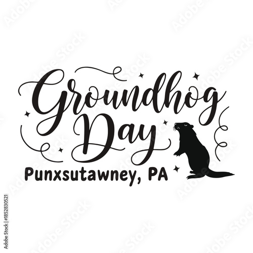 Groundhog day celebration in punxsutawney, pa featuring a classic groundhog silhouette isolated on white background, Vector