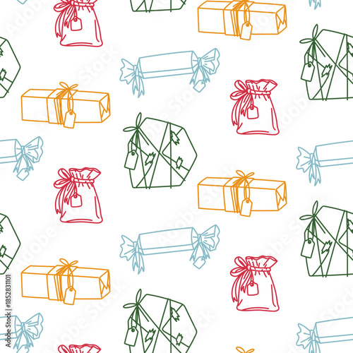 Seamless pattern with flat contours is randomly diverse on Christmas gift boxes and bags. Colorful holiday design for festive wrapping paper, seasonal prints on textiles, or backgrounds for winter