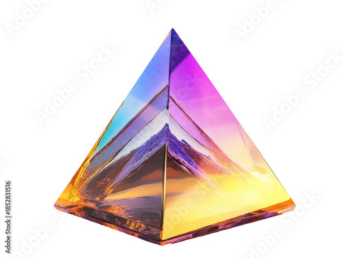 Vibrant crystal pyramid reflecting colorful mountain landscape