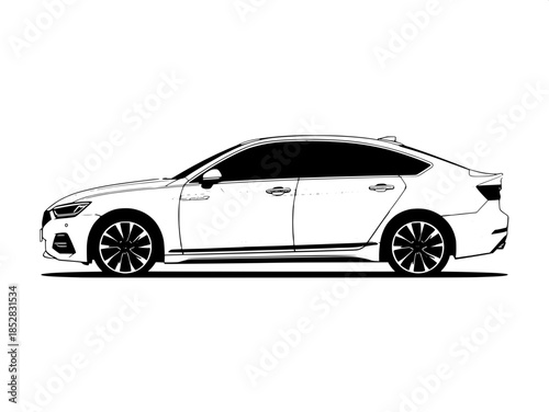 Graphic black-and-white vector art of a sleek sedan, thick contour lines, logo-like simplicity, front and side visible, modern design language, no textures, no background, sharp contrast.