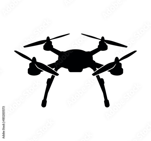 Black silhouette of a quadcopter drone with landing gear and propellers on white background