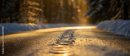 Wallpaper Mural Golden light illuminates a winter road with tire tracks, surrounded by a snowy forest at sunrise or sunset. Torontodigital.ca
