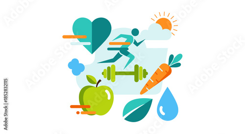 Vibrant flat illustration depicting essential elements of a healthy lifestyle including exercise, nutrition, and well-being for a balanced life.