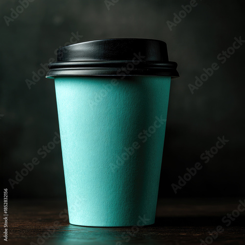 Teal disposable coffee cup with black lid on dark wooden table