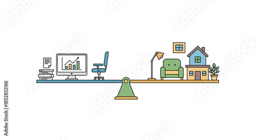This illustrative image visually represents the delicate balance between professional work life and personal home life on a seesaw.