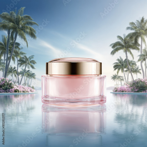 Pink luxury skincare jar with gold lid on tropical water reflection