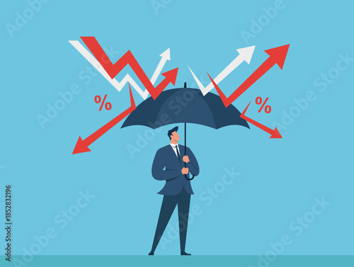 Risk Management Protection in Volatile Market – Businessman with Umbrella Shielding From Falling and Rising Interest Rates and Financial Arrows, Financial risk protection, Market volatility,