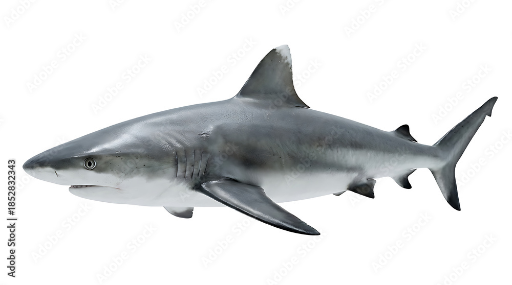 Fototapeta premium A gray shark swimming left with a white background and sharp fins and tail.