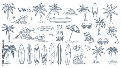 Summer surfing elements with palm trees and waves Vector, illustration