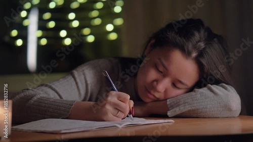 A young woman sitting at a table in her cozy home during the evening, thoughtfully writing in a notebook. Soft warm lighting creates an intimate and reflective atmosphere. Perfect for concepts of crea