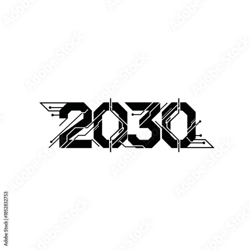 Futuristic 2030 digital art design representing technological advancement and future innovation with circuit board elements