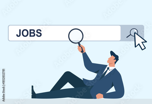 Job Search Concept Illustration with Businessman Using Online Jobs Search Bar and Magnifying Glass