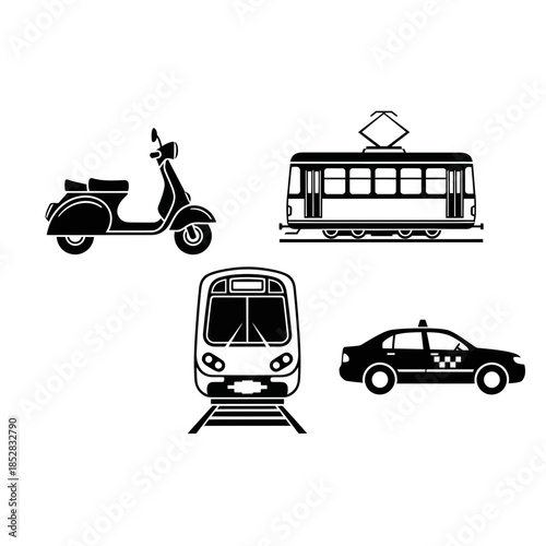 Dynamic collection of modern transportation icons including a scooter train tram and taxi perfect for urban mobility concepts
