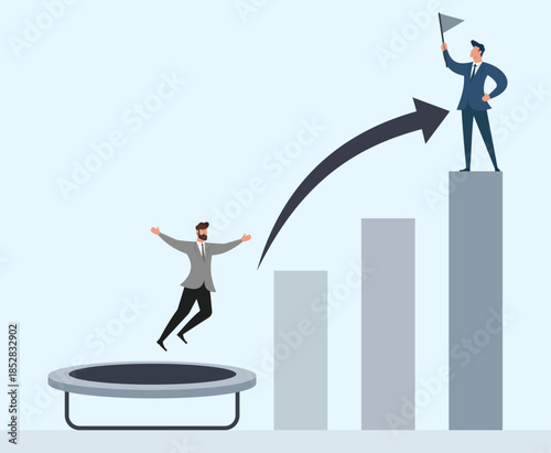 Career Growth Leap: Businessman bouncing from trampoline to reach top bar chart column and successful leader with flag, symbolizing rapid progress and achievement, Trampoline boost, Initial bounce