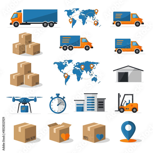 Dynamic logistics and delivery icons showcase global shipping, transportation, warehousing, and express services for modern commerce and supply chain operations.