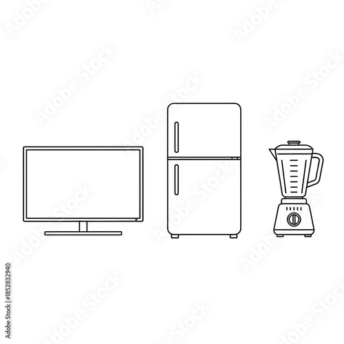 Modern flat screen television, sleek refrigerator, and powerful blender icons for home appliance and technology concepts