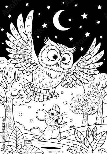 The owl is chasing the mouse. coloring book