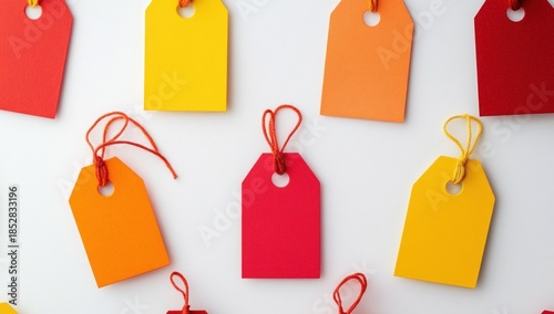 Wallpaper Mural Assorted Colorful Blank Retail Price Tags with Strings Flat Lay on White Background Torontodigital.ca
