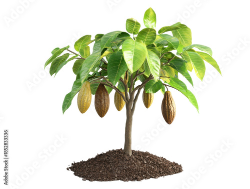 Cocoa tree with ripe pods and green leaves on black background