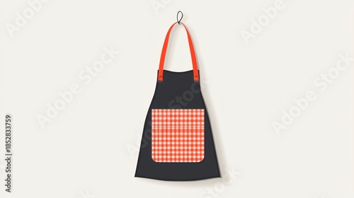 Black and red apron hanging on white wall for cooking and kitchen themes