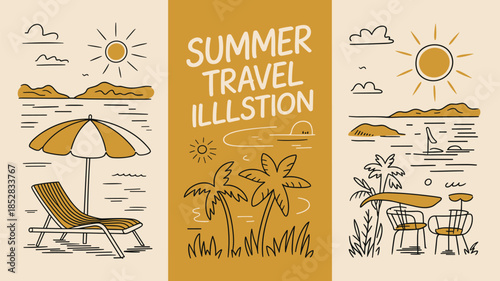 Summer Travel Illustration Set with Beach Chair Umbrella Sun Palm Trees and Vacation Elements Vector Design
