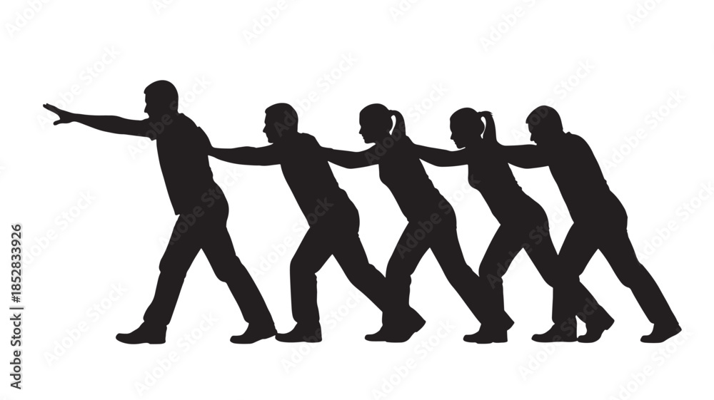 Obraz premium Strong Team Pushing Forward Together Silhouette Symbolizing Collective Force Support Motivation and Persistence in Overcoming Business Challenges and Driving Sustainable Organizational Growth
