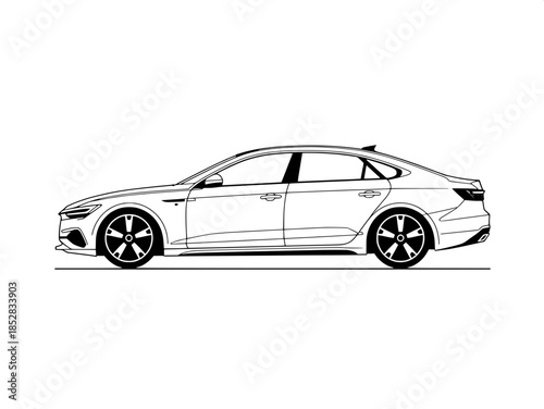 Minimalist automotive vector illustration, modern sedan car, three-quarter view, bold black lines, monochrome color scheme, star-shaped wheels, smooth aerodynamic silhouette, blank white background.