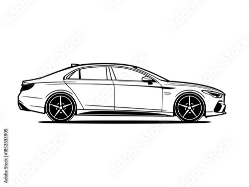 Minimalist automotive vector illustration, modern sedan car, three-quarter view, bold black lines, monochrome color scheme, star-shaped wheels, smooth aerodynamic silhouette, blank white background.
