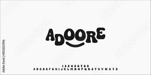 Groovy font. Y2K alphabet Wavy groovy letters Bold black and white typescript Rounded font Lowercase Number