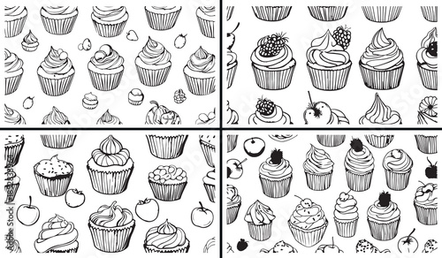 cupcake clipart illustration, dessert doodle icons, sweet treat drawings, hand drawn bakery art, cute cupcake sketches, black white dessert clipart, printable dessert icons, bakery illustration pack, 