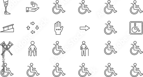 Accessibility icon set, wheelchair, prosthetic limb, mobility aid, healthcare support, inclusive design, disability symbols, black and white line art