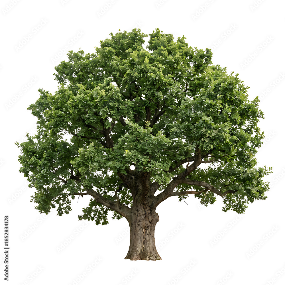 Obraz premium A large tree with a thick trunk and lush green foliage against a plain white background.
