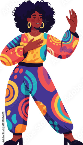 A vibrant digital illustration of an African American woman dancing with a colorful outfit, showcasing African American Culture, with bold patterns and bright tones on a white background.