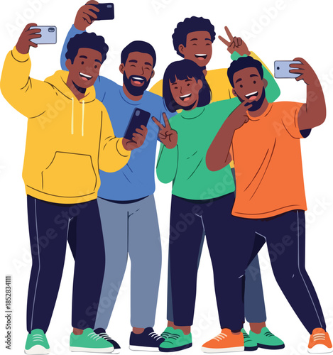 A digital illustration of a diverse group of young adults in casual attire, taking selfies with smartphones, showcasing African American culture with vibrant colors on a white background.