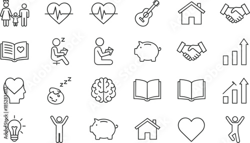 Family and wellness icon set, health, education, finance, creativity, personal growth, black and white line art vector illustration