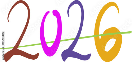 Colorful drawn Happy New Year 2026 doodle text set perfect for greetings, posters, and social media, Happy and Wellcome Happy New year