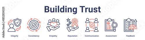 Building Trust banner web icon vector illustration concept for education with icon of Integrity, Consistency, Empathy, Reputation, Communication, Assessment.