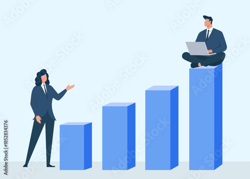 Business growth with teamwork and technology, showing two professionals analyzing rising bar chart success, Professional collaboration, Business growth, Career progress, Data analysis