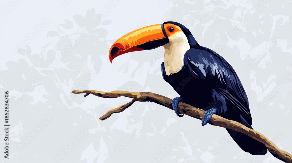 Obraz premium Colorful toucan perched on branch against light background vector illustration