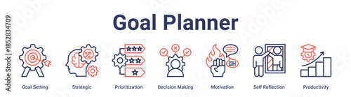 Goal Planner banner web icon vector illustration concept for education with icon of Goal Setting, Strategic, Prioritization, Decision Making, Motivation, Self Reflection.