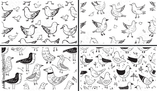 bird clipart illustration, flying bird doodles, cute duck drawings, hand drawn bird art, wildlife bird icons, black white bird clipart, printable bird illustrations, kids nature pack, bird outline col