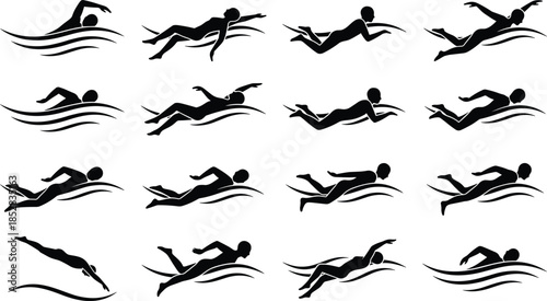 Swimming silhouette vector icons, freestyle stroke, butterfly technique, backstroke, breaststroke, water motion, sports illustration, athlete poses, aquatic training